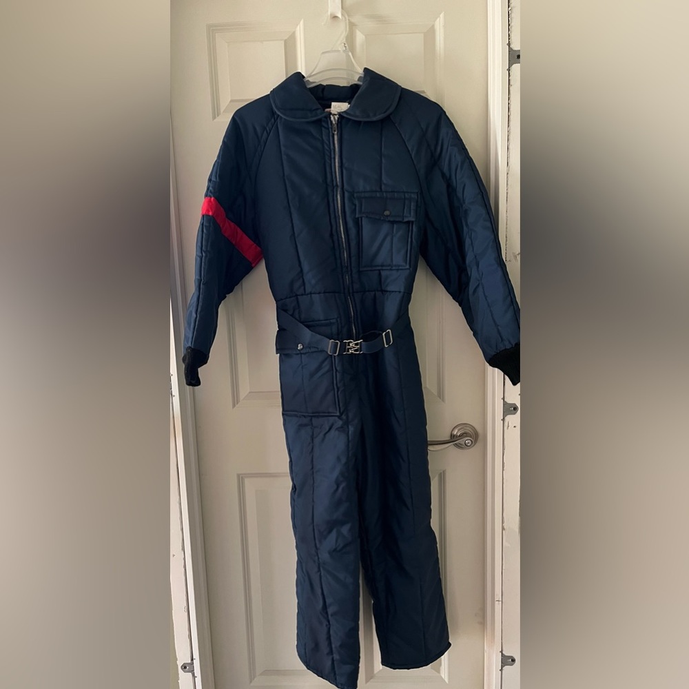 Vintage JC PENNEY Navy Quilted Lined Zip Coveralls Snowmobile Snowsuit Teen L